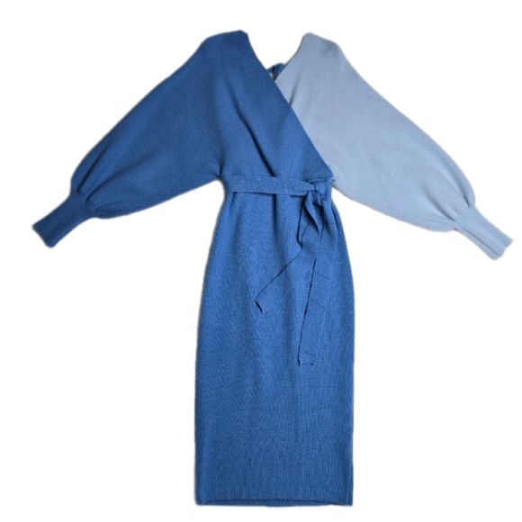 NWOT Theenkoln Womens Wrap Blue Sweater Dress with Belt, Small - Picture 2 of 7